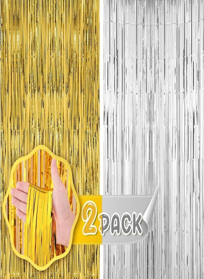 Flyloons ستائر فويل ذهبية وفضية من فلاي لونز لتزيين حفلات أعياد الميلاد، عبوة من قطعتين، مناسبة لحفلات استقبال المولود، والذكرى السنوية، والزواج، وحفلات توديع العزوبية. - Image 1